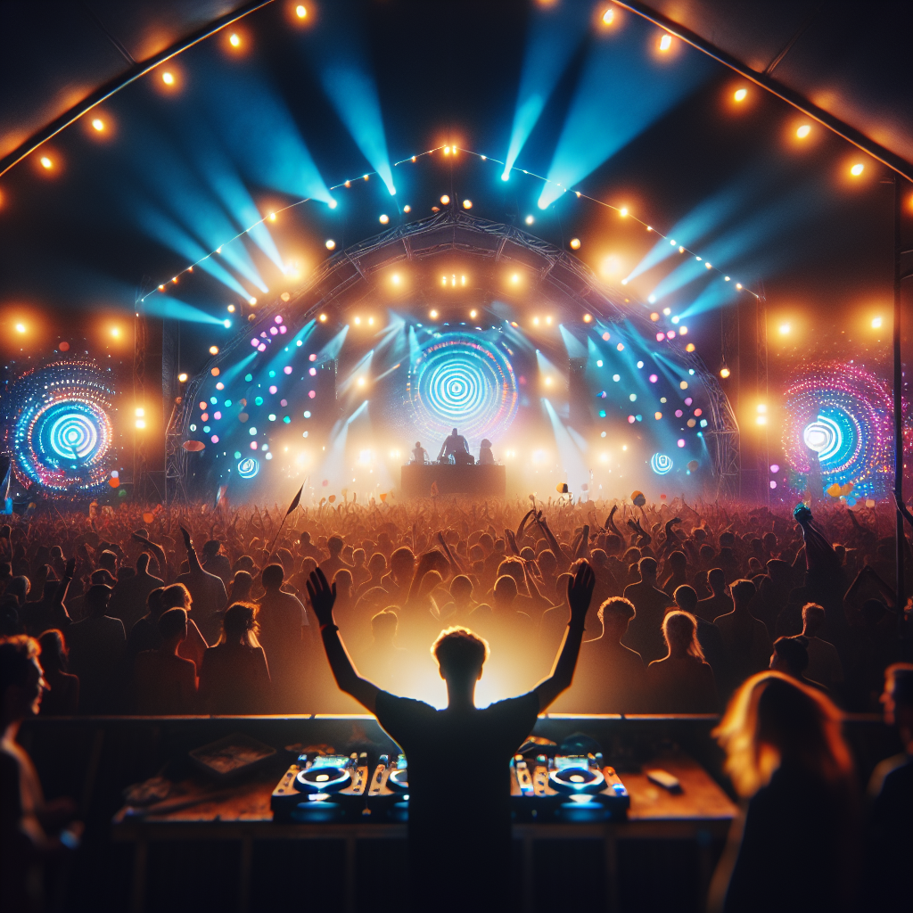 Una vista de un festival al aire libre en la noche, luces brillantes que iluminan el escenario, un DJ en la cabina co…