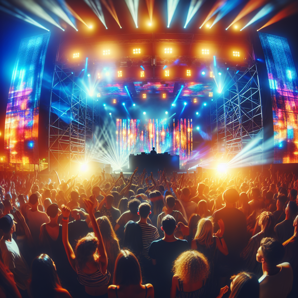 Escena vibrante de festival urbano nocturno con luces de escenario coloridas y público enérgico disfrutando la música…