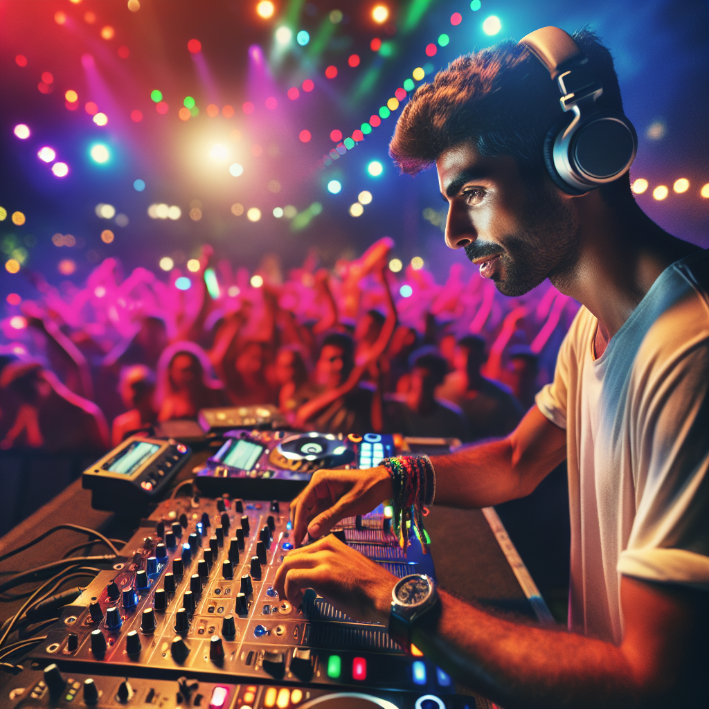 Un DJ en plena acción detrás de una mesa de mezclas, luces vibrantes y un público difuminado disfrutando de la música…