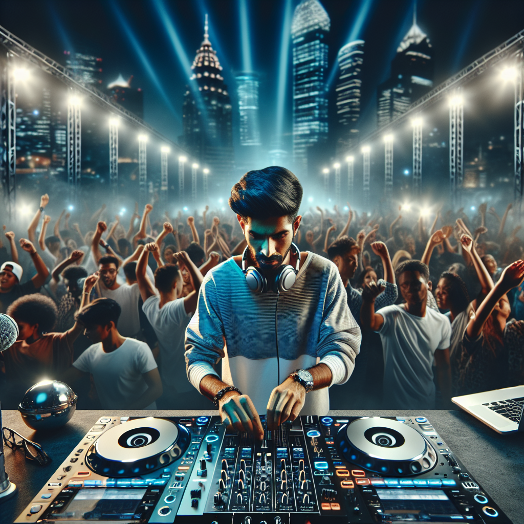 Un DJ urbano en el escenario, controlando la música, rodeado de luces vibrantes y una multitud bailando entusiasta en…