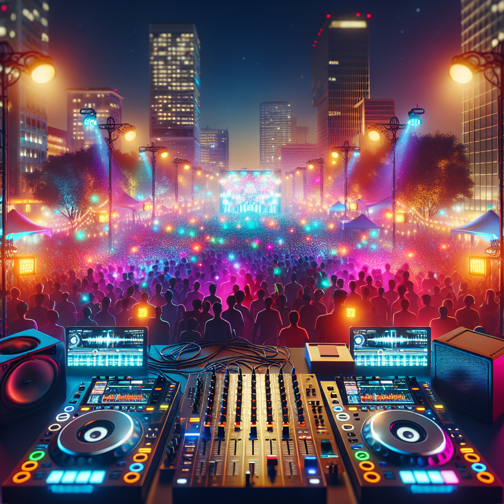 Una cabina de DJ iluminada, vibrante, en un festival urbano nocturno, con luces de colores y una multitud energizada …