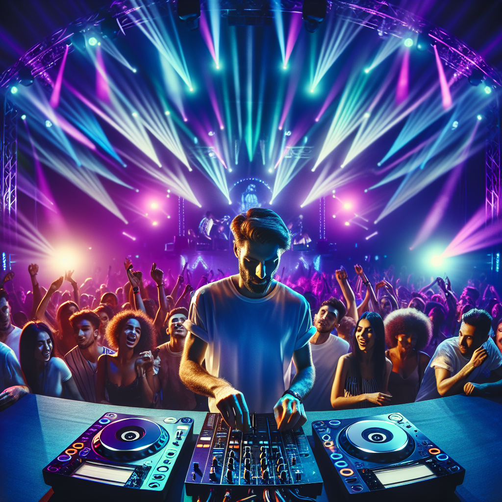 Un DJ en un escenario iluminado, con luces de neon y una multitud animada, capturando la energía eléctrica de un fest…