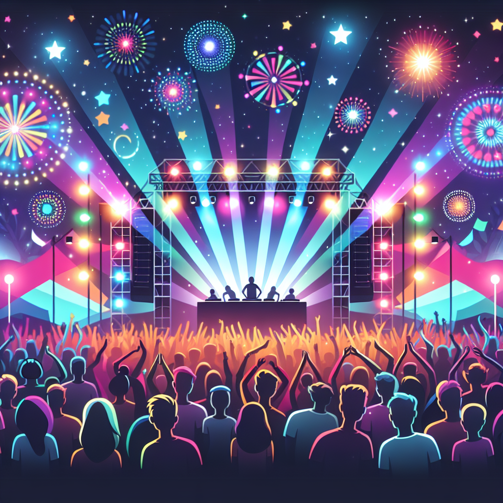 Una escena nocturna en un festival con luces vibrantes, público animado y un DJ en el escenario, sin rostros visibles…