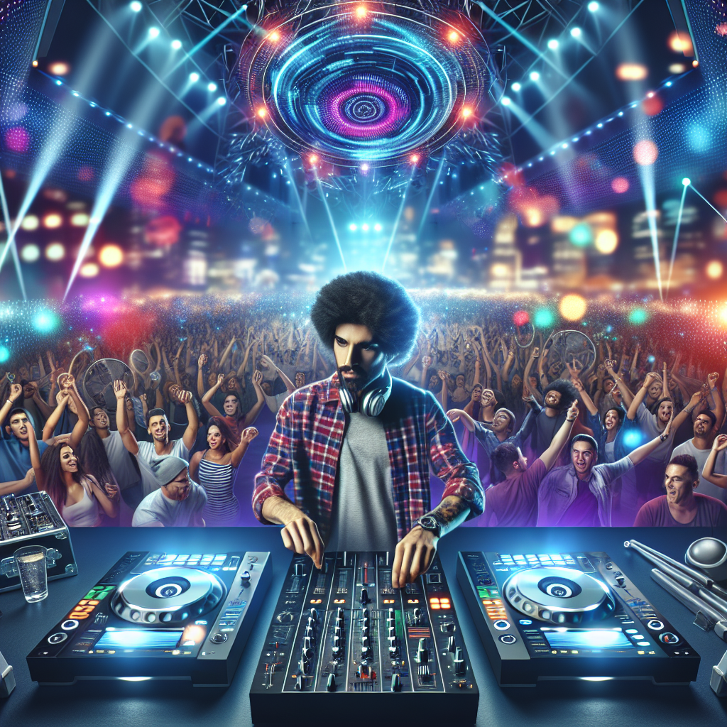 Un DJ urbano en un escenario vibrante, con luces de colores y una multitud animada disfrutando del evento, en un ento…