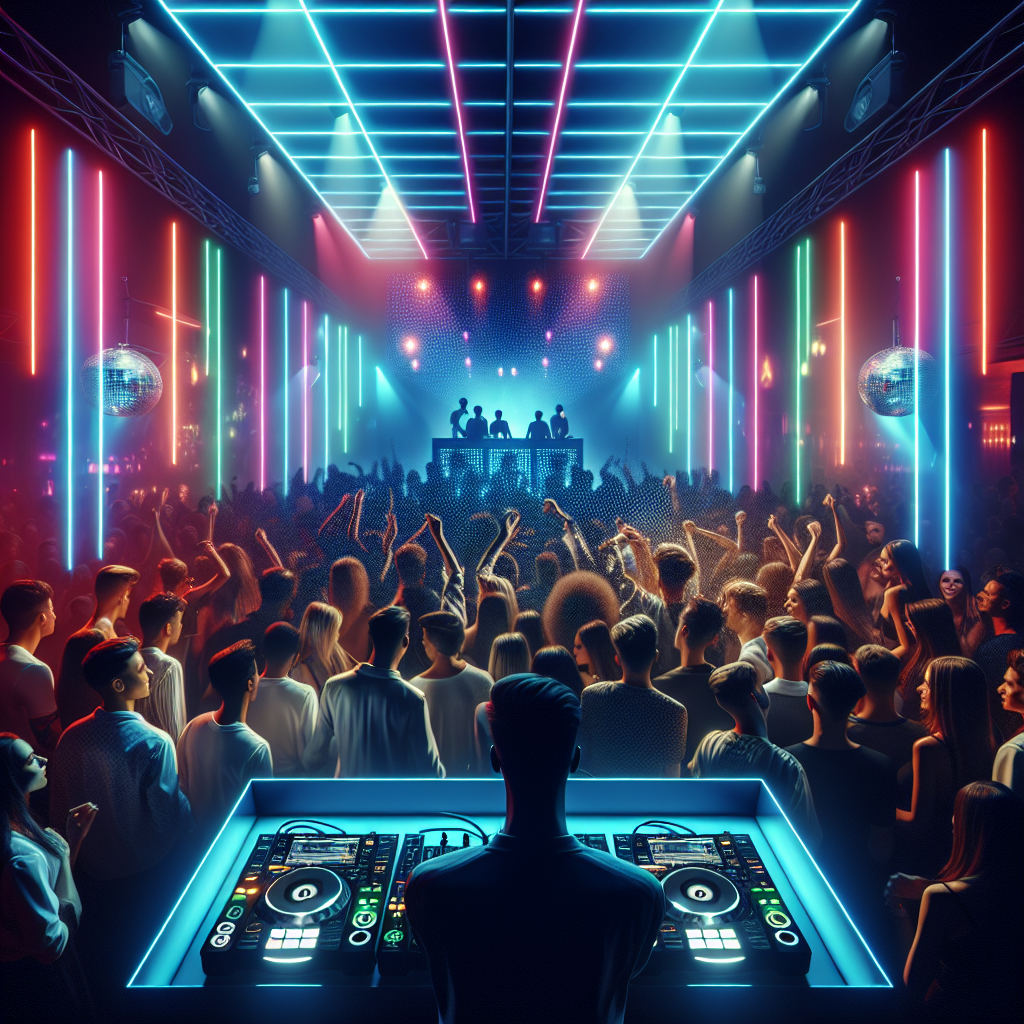 Una cabina de DJ moderna en una discoteca abarrotada con luces de neón sobre una multitud vibrante, sin mostrar rostros.
