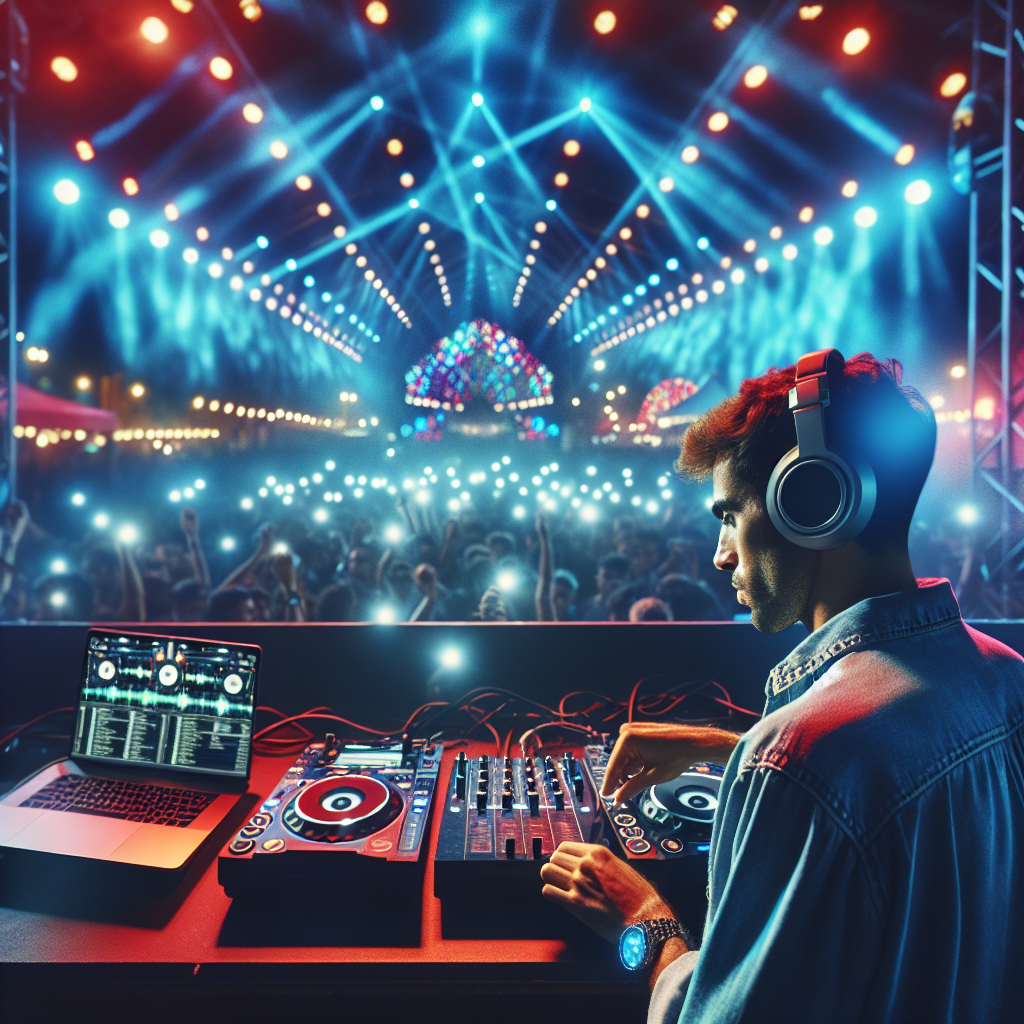 Imagínese un DJ en una cabina de mezcla, la luz de discoteca ilumina la escena, en un festival vibrante de música urb…