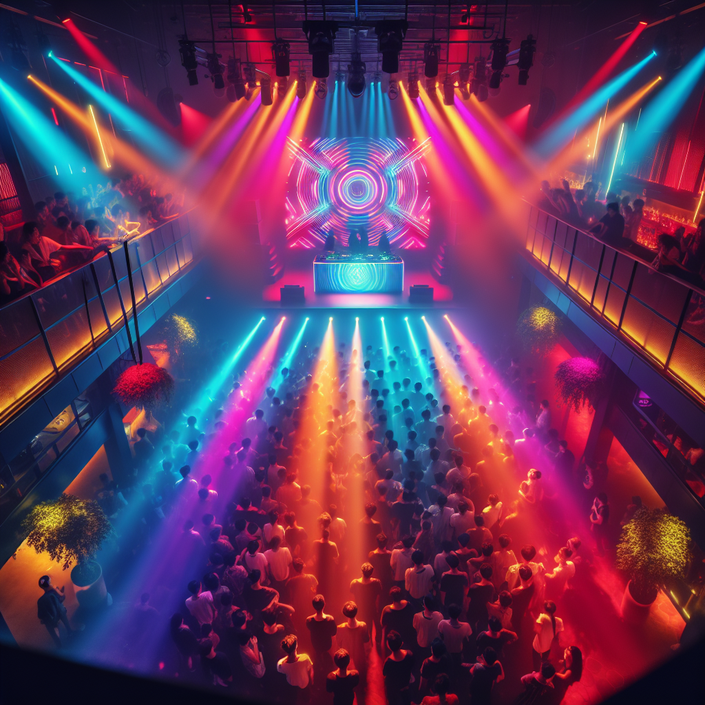 Una vista aérea de una discoteca llena con luces de colores y una cabina de DJ iluminada, mostrando el ambiente vibra…