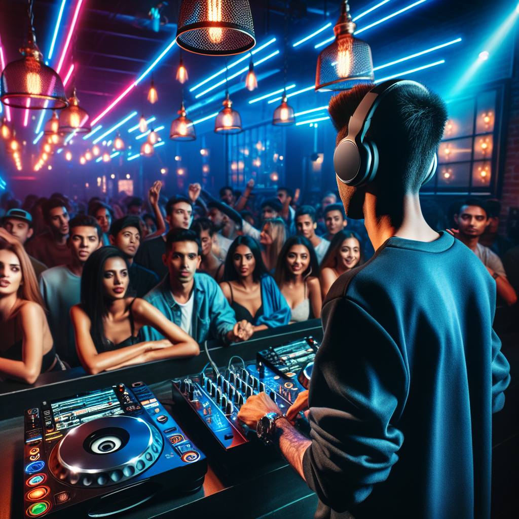 Un DJ urbano mezclando música en un moderno club nocturno iluminado con luces de neón, con una multitud vibrante disf…