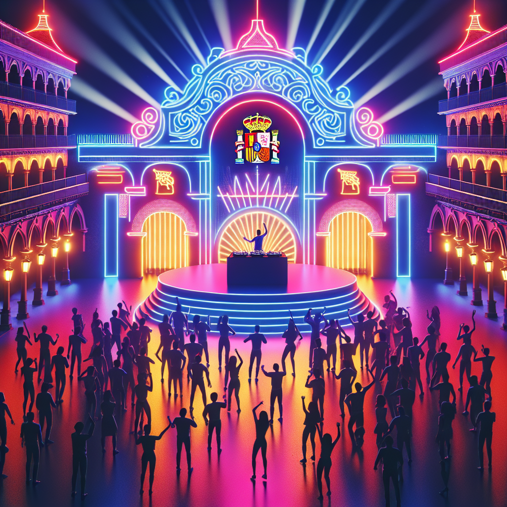 Una pista de baile vibrante en España, llena de luces de neón y un DJ en el escenario frente a un público entusiasta,…