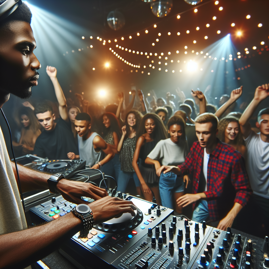 Un DJ urbano en una cabina de mezclas, con luces de discoteca y un público enérgico disfrutando del sonido, transmiti…