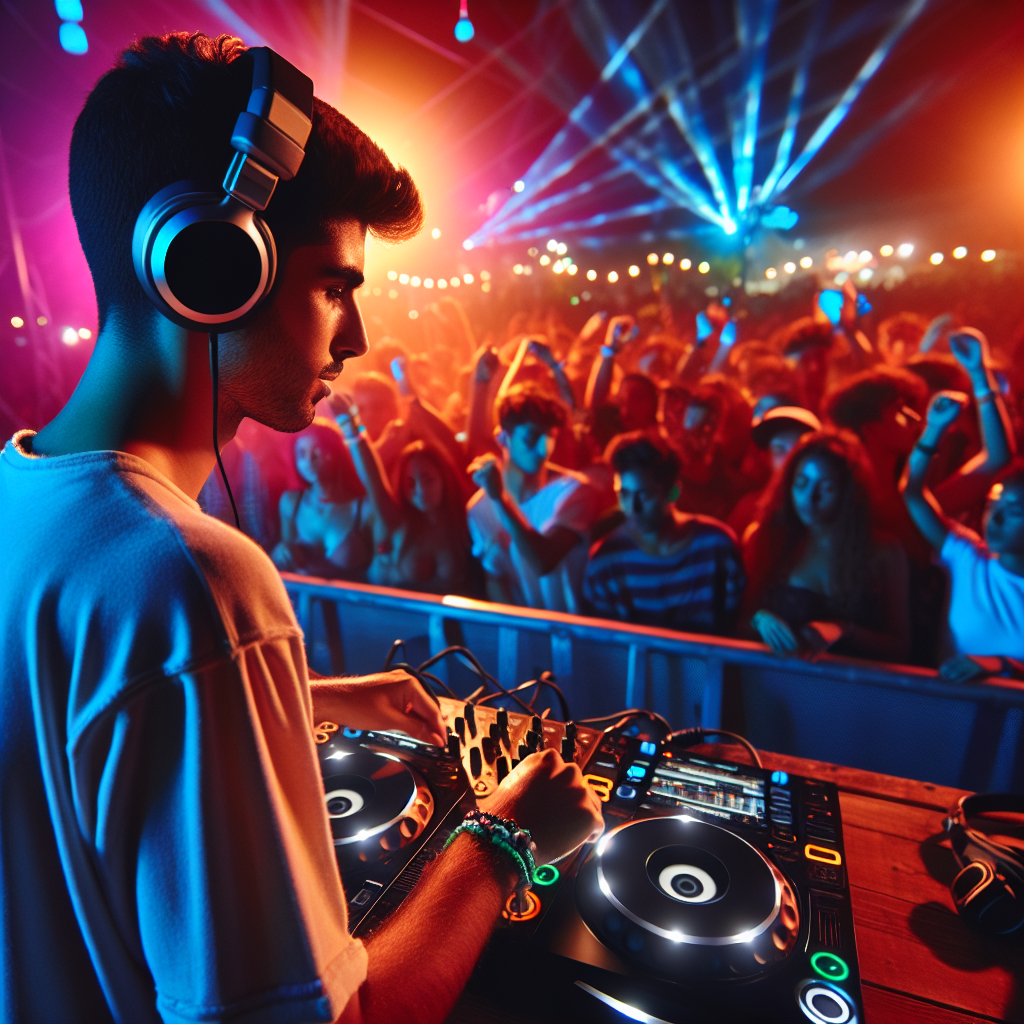 Un DJ con auriculares mezclando en una cabina de luces vibrantes, con una multitud vibrando al ritmo de la música en …
