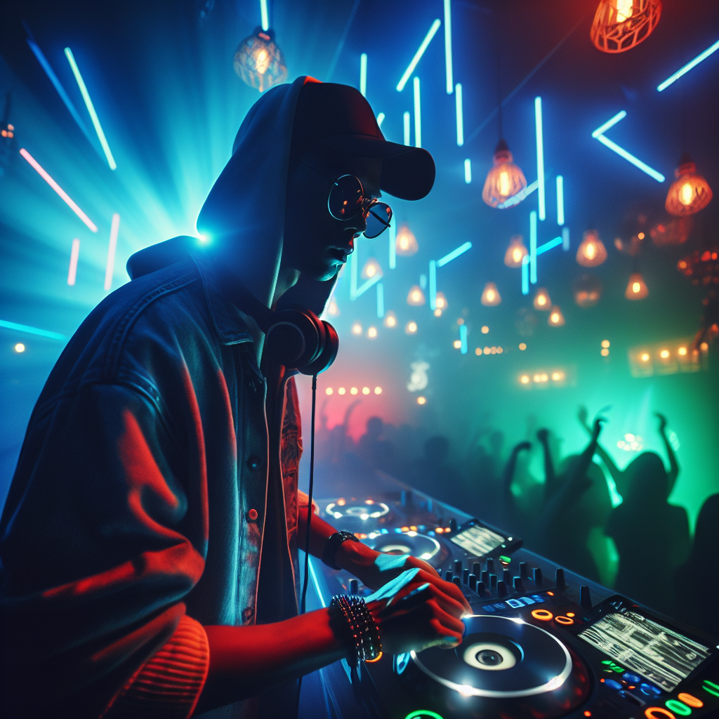 Una escena nocturna en una discoteca con luces de neón y un DJ urbano mezclando música, prescindiendo de rasgos facia…