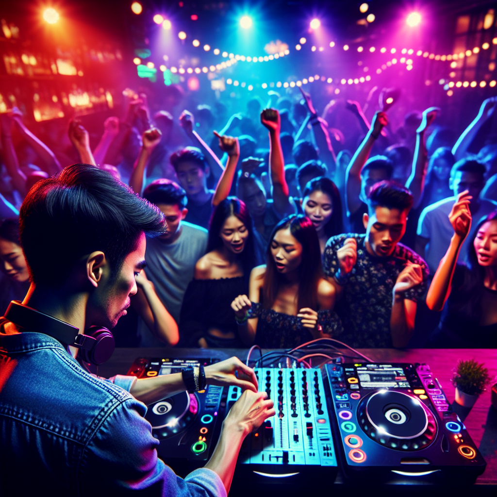 Una escena de un DJ en un evento urbano nocturno, con luces de colores vibrantes y una multitud disfrutando la música…