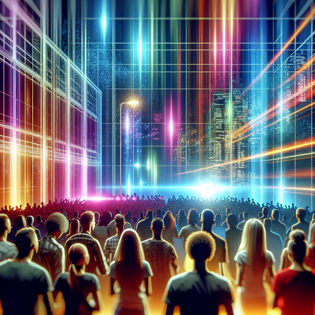 Una imagen moderna de una sala de conciertos iluminada, con luces de neón y una multitud vibrante disfrutando de la m…