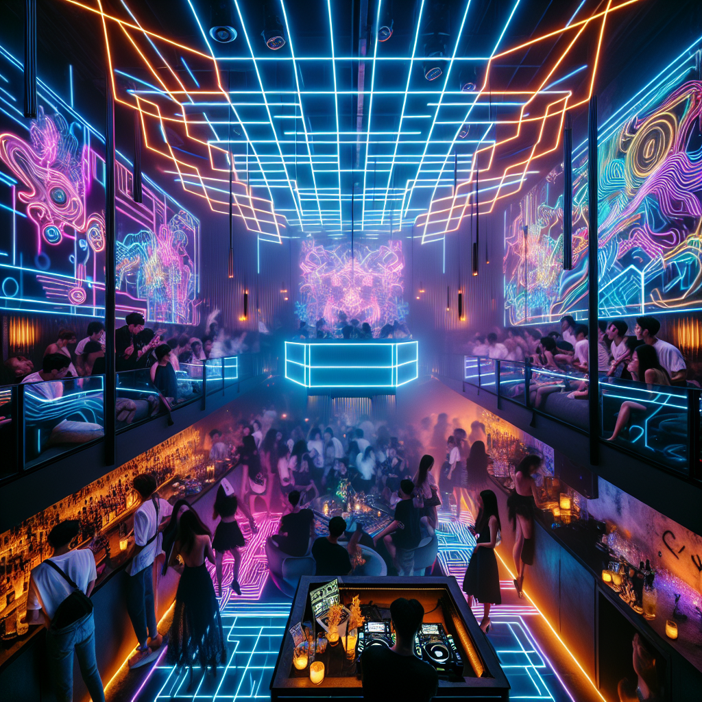 Una escena en un club nocturno moderno, con luces de neón y una cabina de DJ iluminada, capturando el ambiente enérgi…