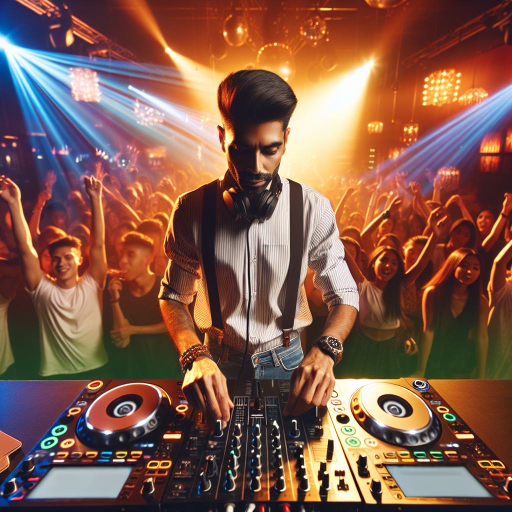 Un DJ urbano profesional en el escenario, con luces brillantes y una multitud entusiasta, todos sin caras visibles, e…