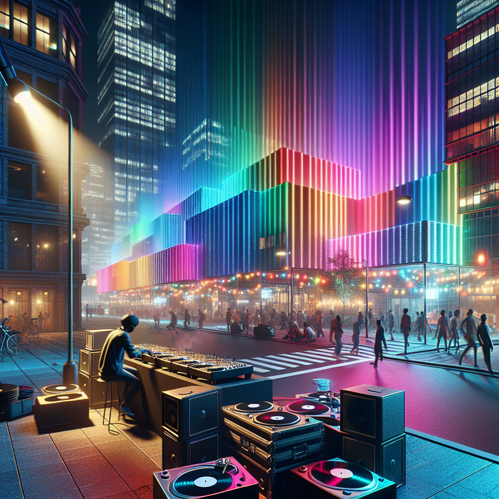 Escenario urbano moderno, luces de colores vibrantes, consola de DJ con manos de artista, ambiente de música viva.