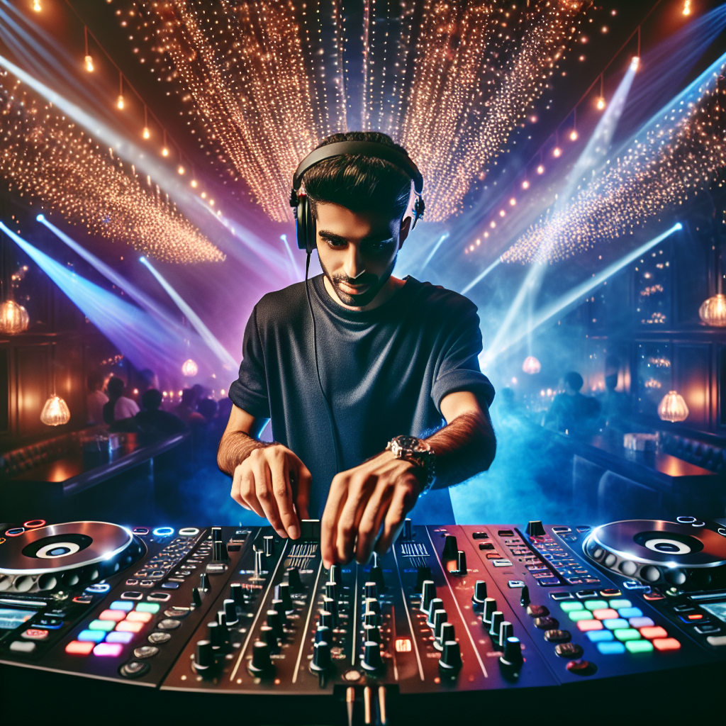 Visual de un DJ mezclando música en una mesa de mezclas profesional en un club moderno con luces coloridas que crean …