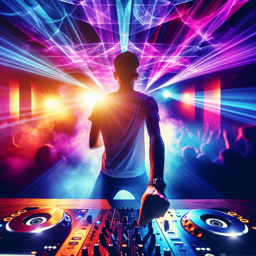 Imagen de un DJ actuando en un club moderno y vibrante, con efectos de luces de colores creando un ambiente de energí…