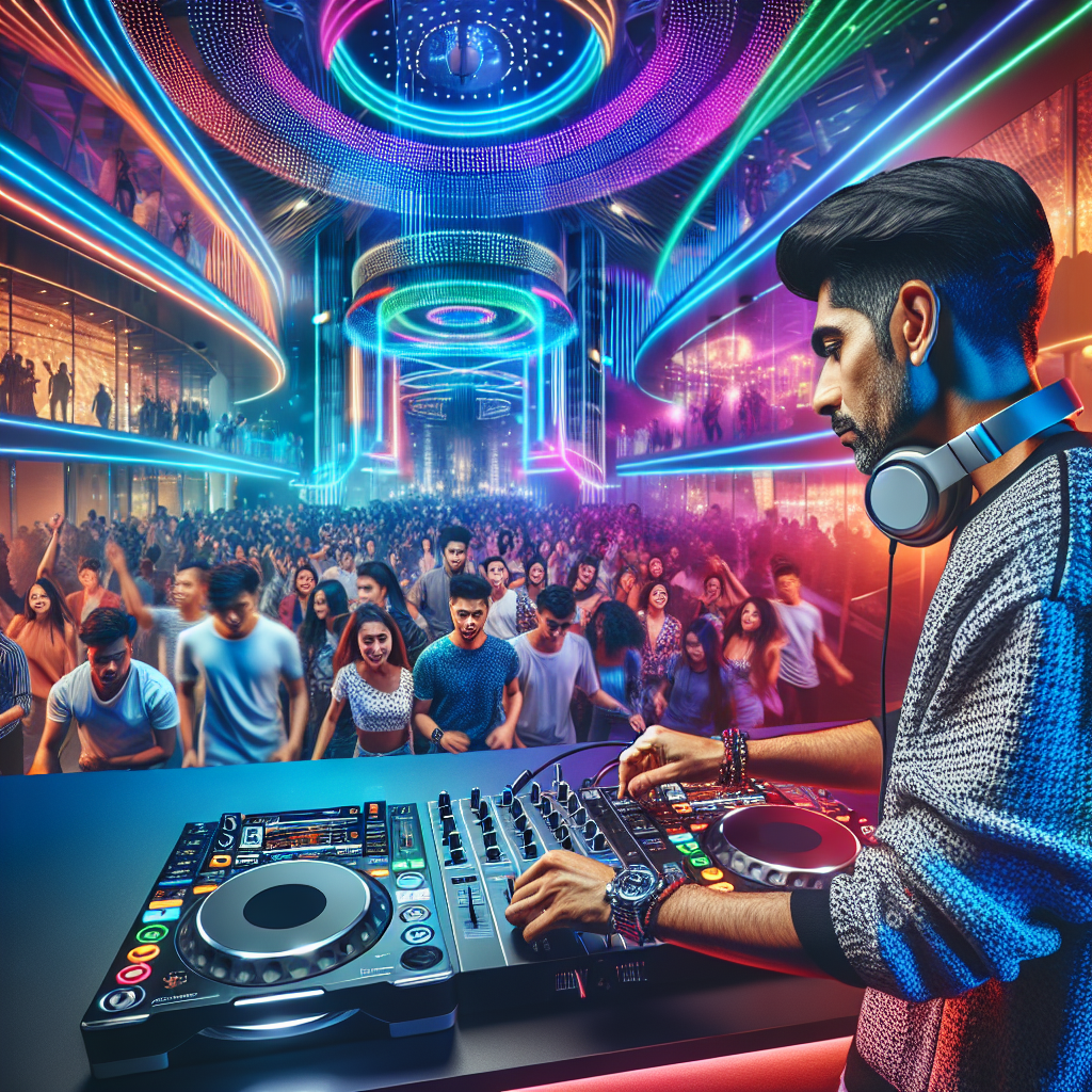 Un DJ urbano en acción, con luces coloridas y una multitud vibrante disfrutando en una discoteca de ambiente moderno …