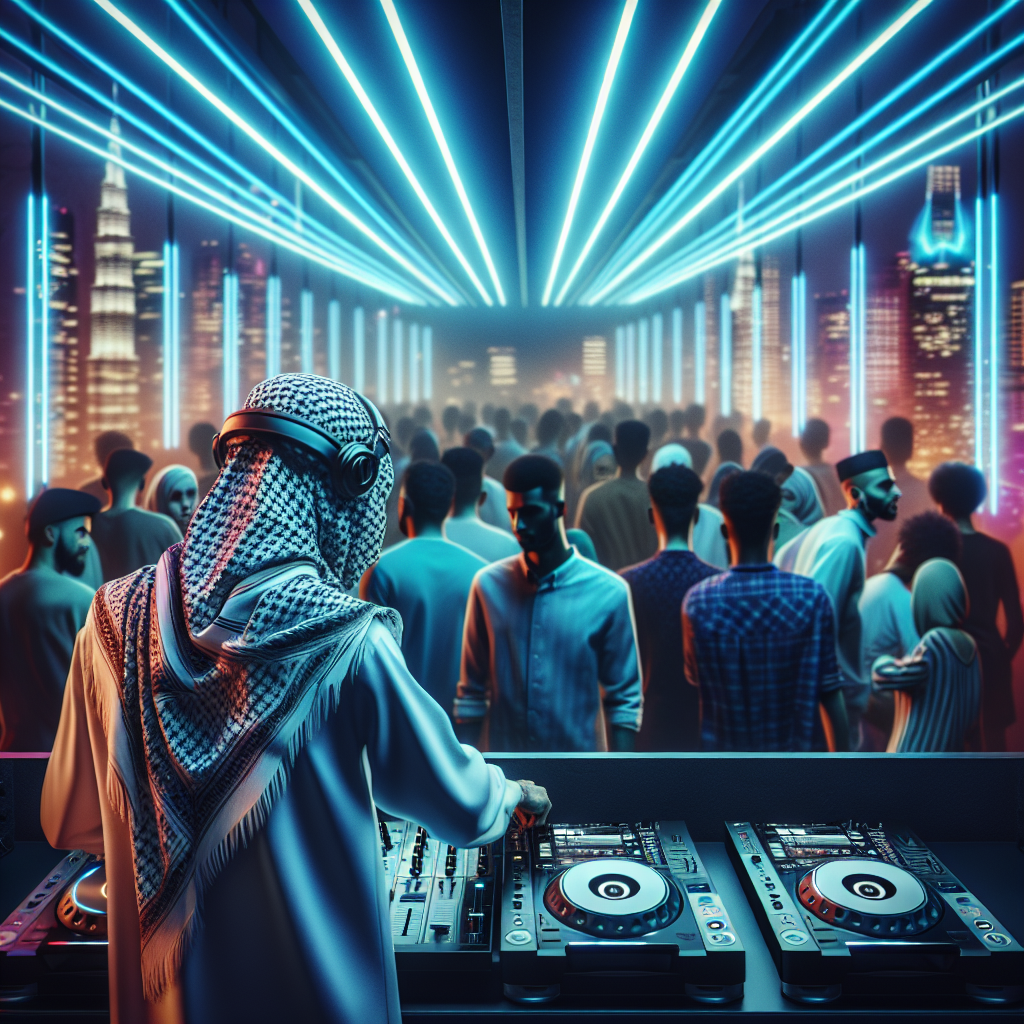Un DJ urbano mezclando en una moderna cabina, con luces de neón y un público de espaldas bailando al ritmo, capturand…