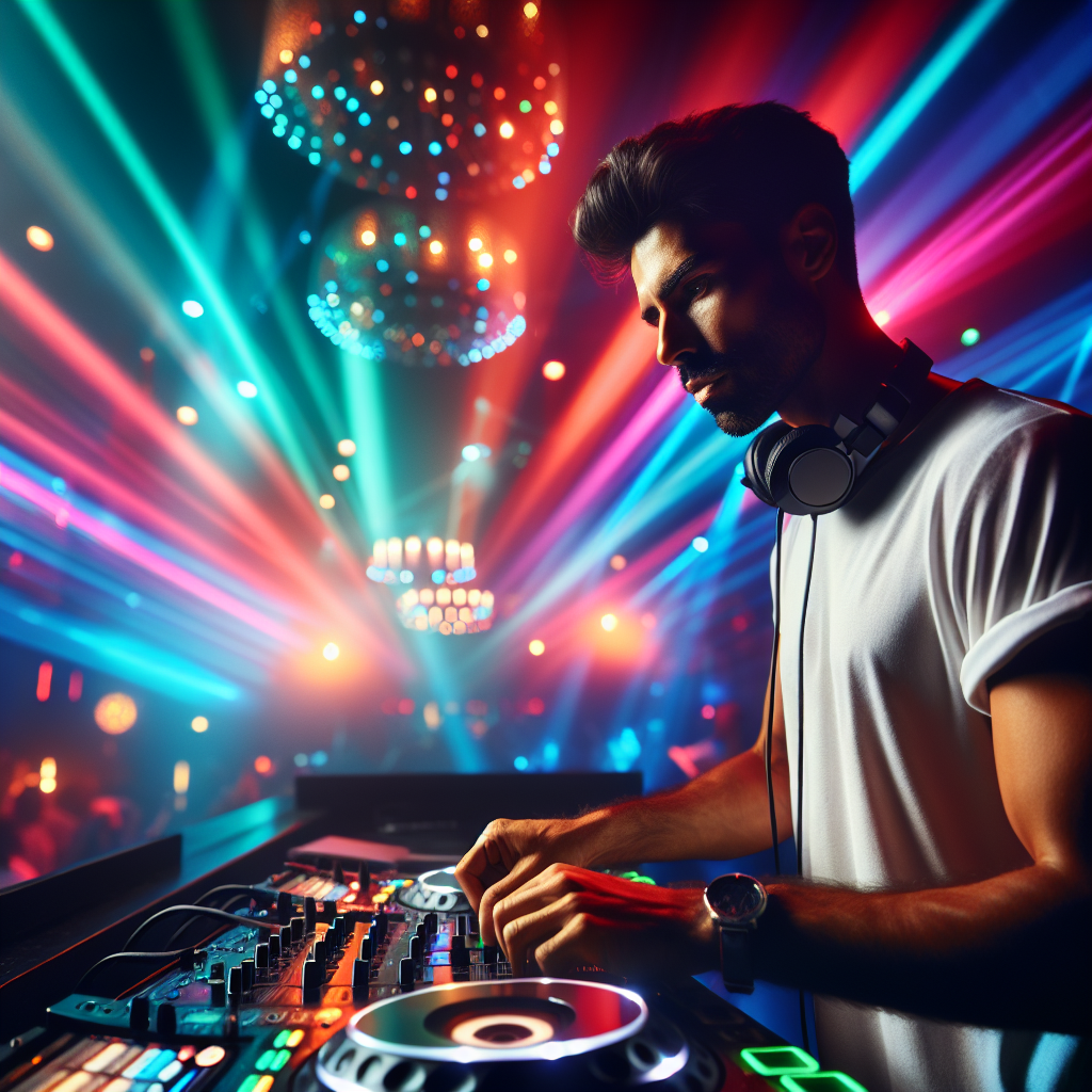 Un DJ mezclando música en una vibrante discoteca, luces de colores llenan el ambiente, reflejando una atmósfera de en…