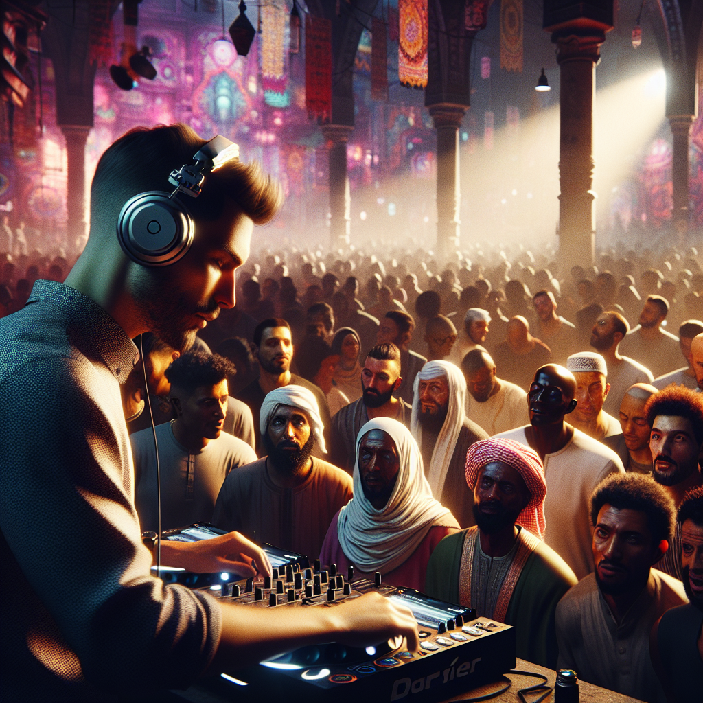 Una escena de un DJ con audífonos inmerso en su música, en un club urbano de Madrid, con luces vibrantes y una multit…