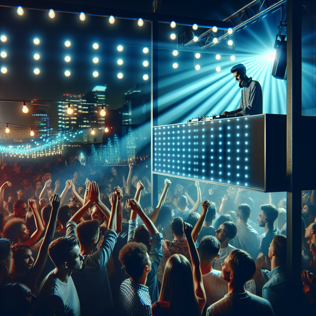 Una escena nocturna de un club moderno con luces vibrantes y un DJ en una cabina elevada, tocando música para una mul…
