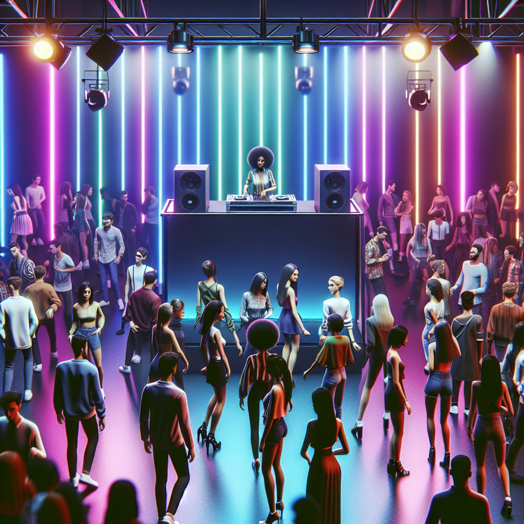 Una discoteca moderna en pleno apogeo nocturno, luces de neón brillando en diferentes tonalidades sobre la pista de b…