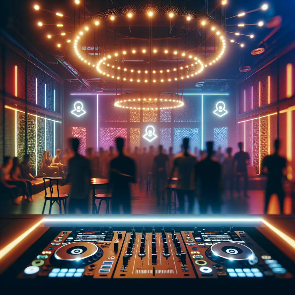 Una cabina de DJ moderna con luces vibrantes en un club urbano lleno de energía, destacando un ambiente animado sin m…