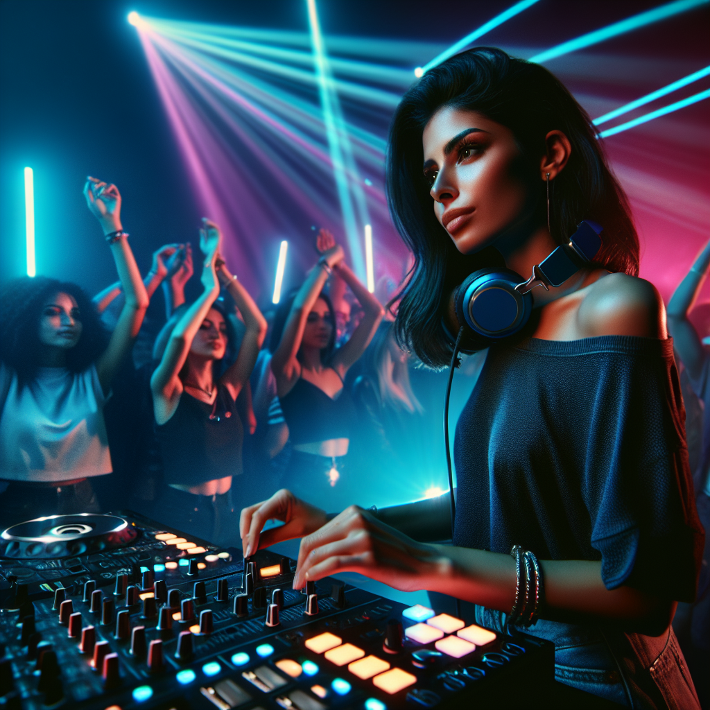 Un DJ en una cabina de sonido moderna, luces de colores y una multitud disfrutando de la música en un ambiente noctur…