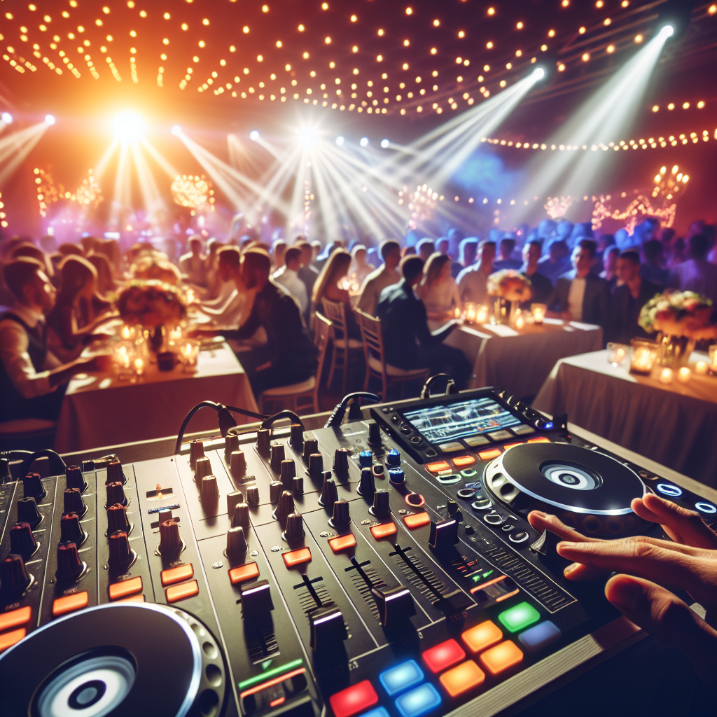 Una mesa de mezclas de DJ moderna en un evento, con luces de fiesta y un público disfrutando sin mostrar rostros indi…