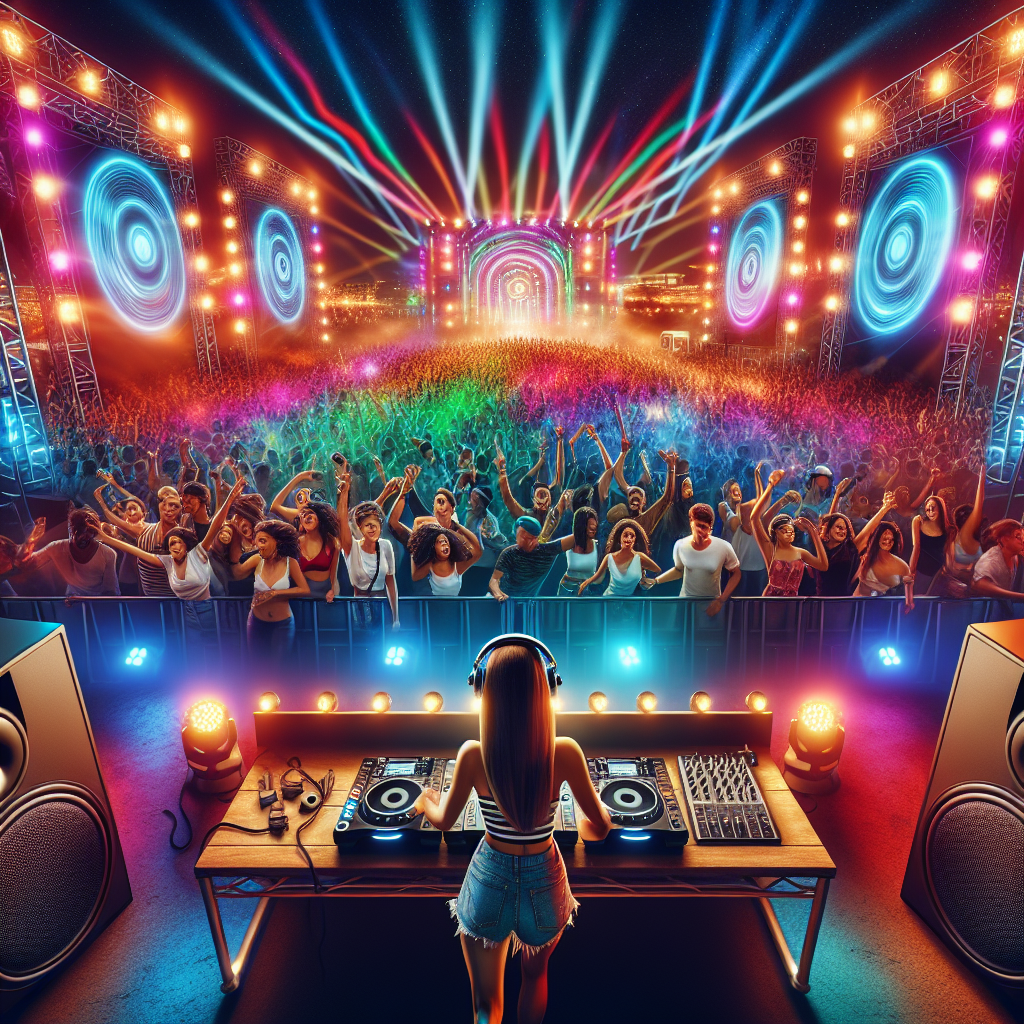 Una escena de un DJ urbano pinchando música en un festival nocturno, con luces de colores y una multitud vibrante dis…