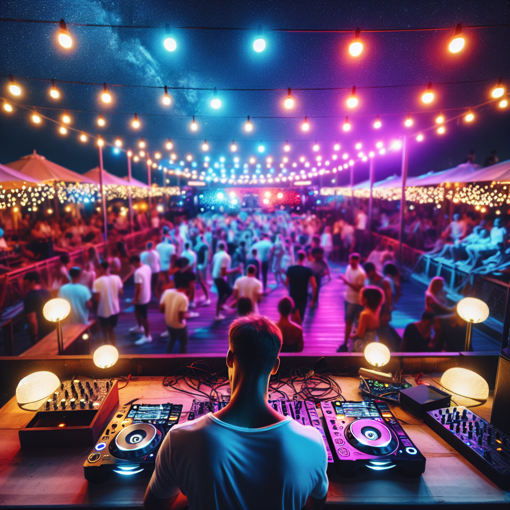 Vista de un evento nocturno con un DJ en acción, luces vibrantes y una pista de baile animada, sin mostrar rostros ni…