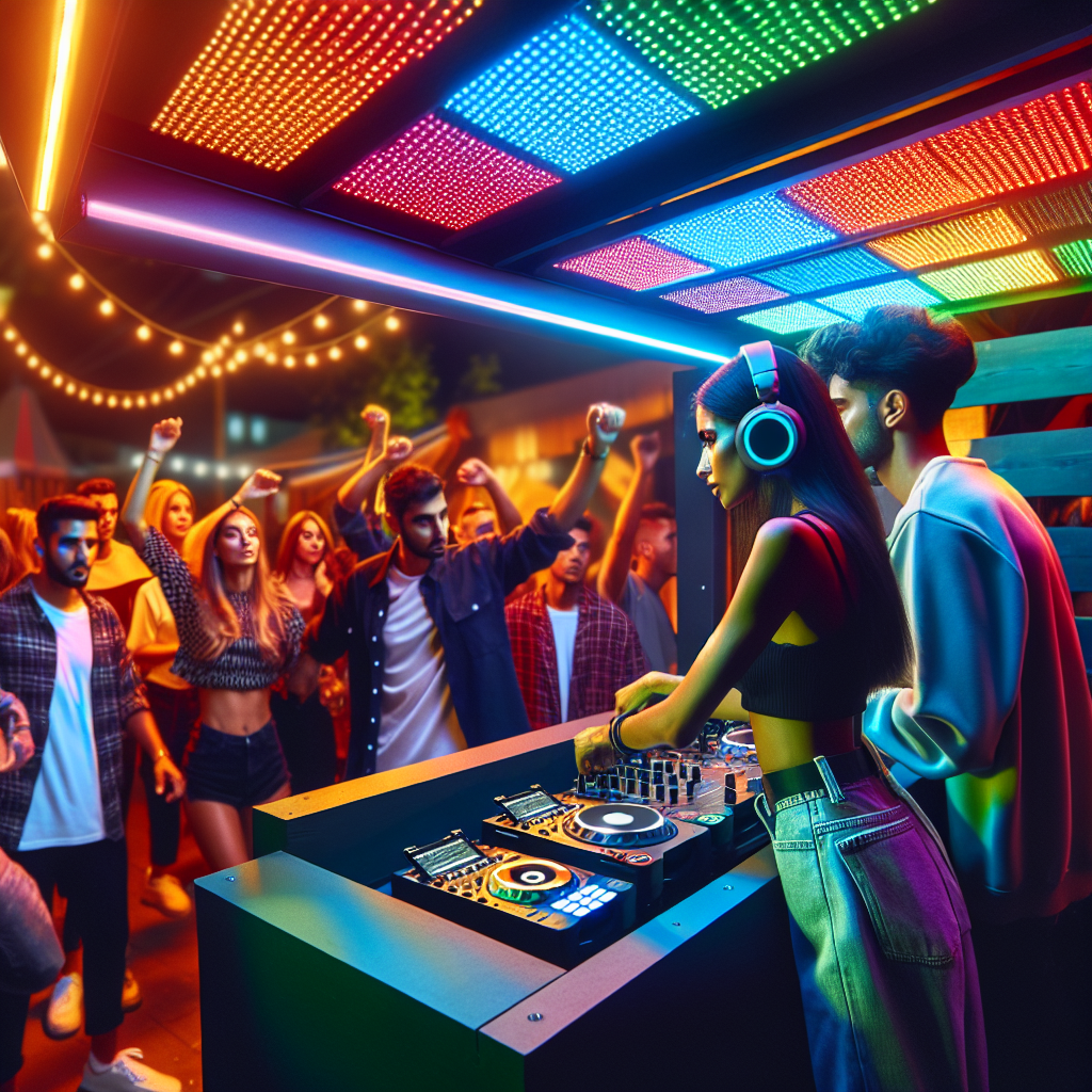Una cabina de DJ urbana moderna con luces coloridas en un evento nocturno, donde se visualiza un público animado disf…