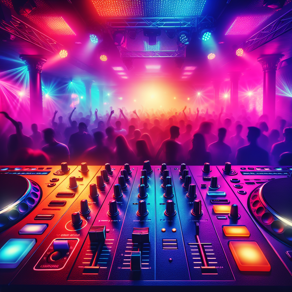 Escena de una mesa de mezclas en un ambiente de discoteca iluminada, con luces de neón y público disfrutando la músic…
