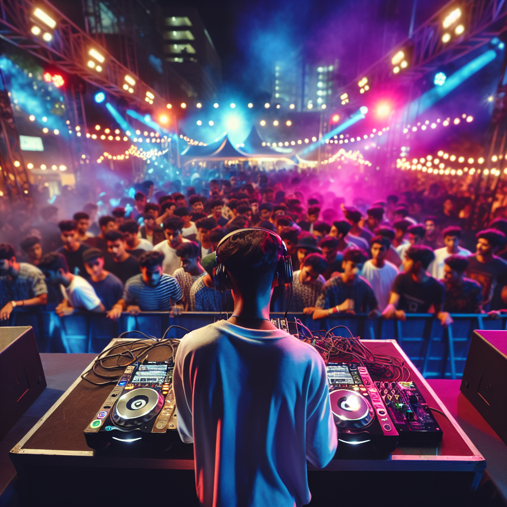 Un DJ urbano actuando en un animado festival al aire libre, con luces vibrantes y una multitud emocionada disfrutando…