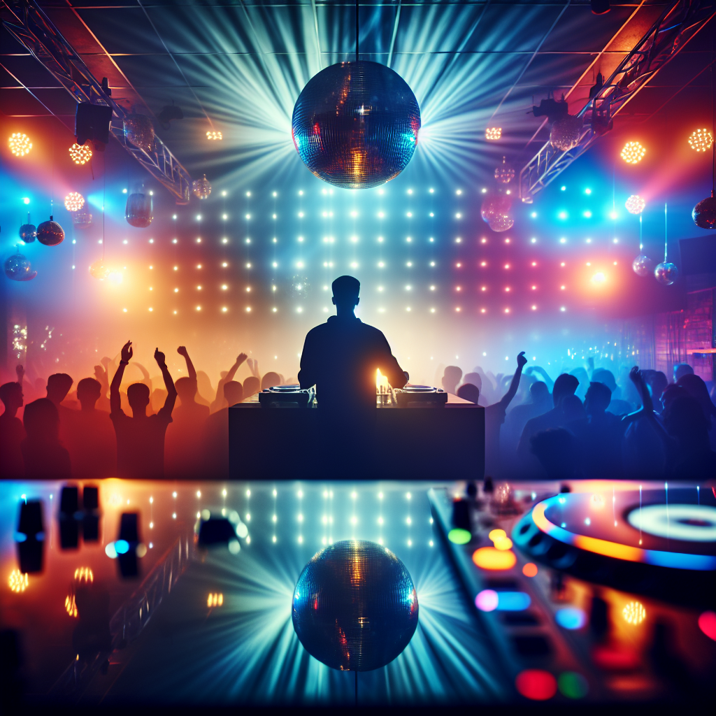 Una escena nocturna vibrante con luces de discoteca reflejándose sobre una cabina de DJ en un club moderno. La siluet…