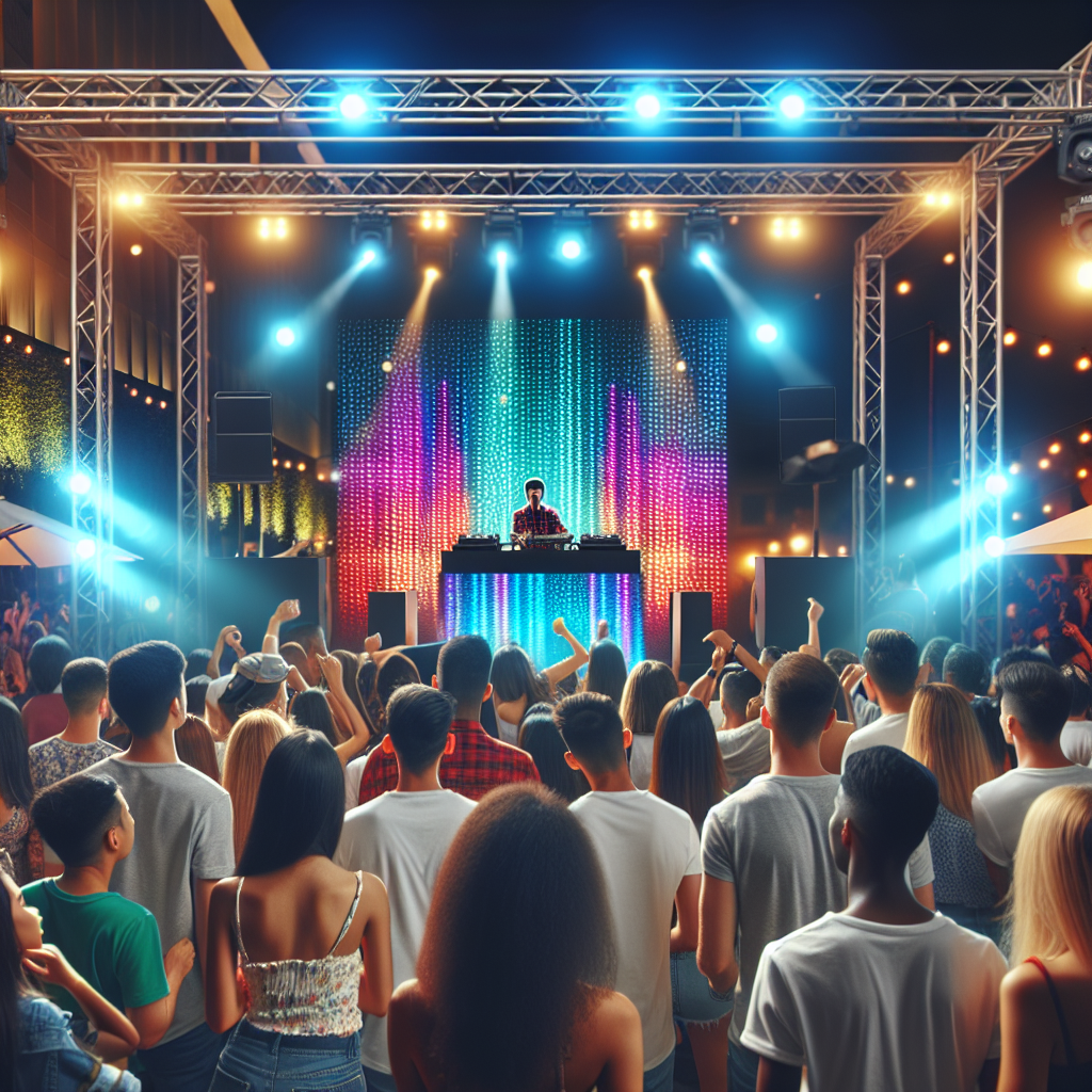Vista de un evento al aire libre con un DJ urbano en el escenario, luces de colores y una multitud emocionada. Ambien…