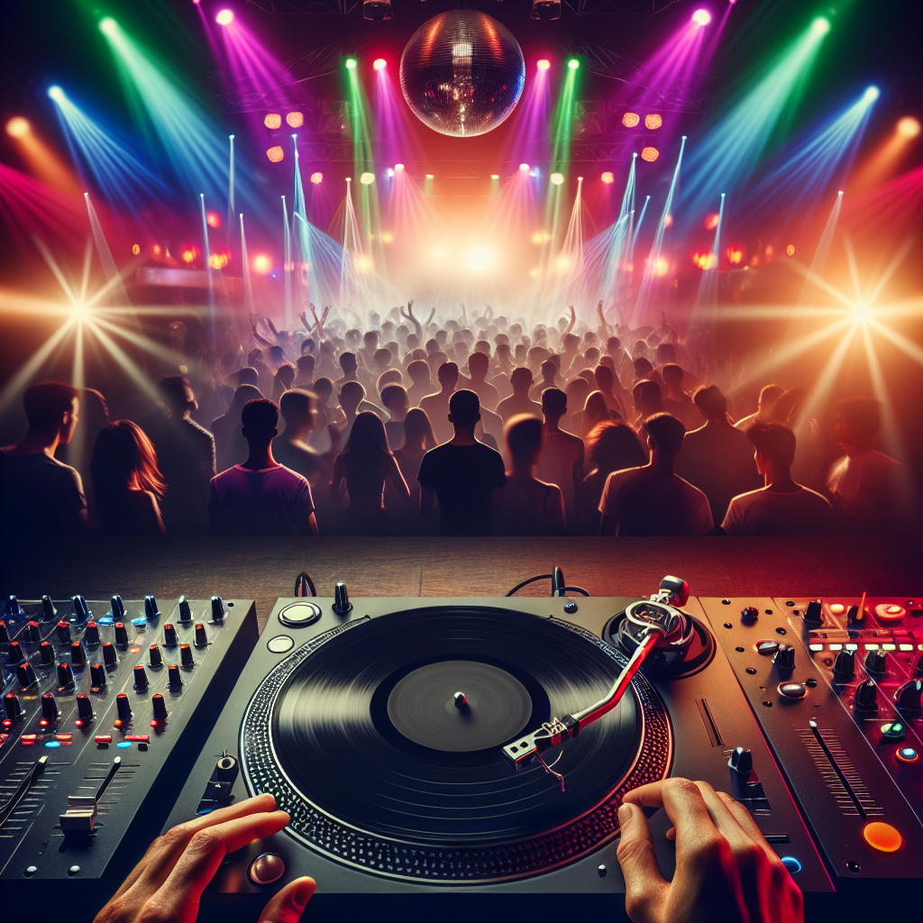 Una cabina de DJ en una discoteca, con luces brillantes y una multitud vibrante bailando, creando una atmósfera urban…