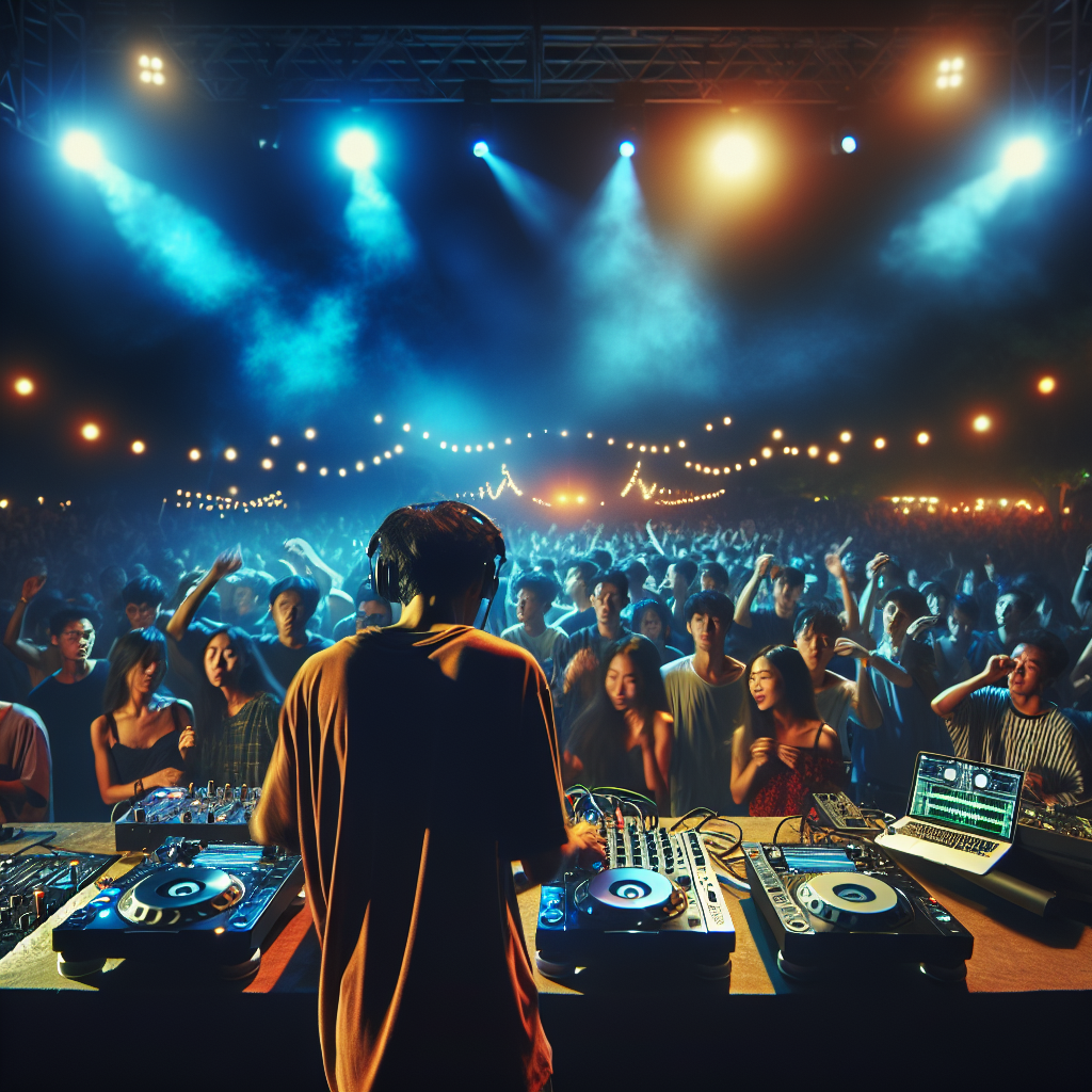 Imagen de un DJ urbano mezclando música en un escenario de festival, luces vibrantes iluminando la escena y un públic…