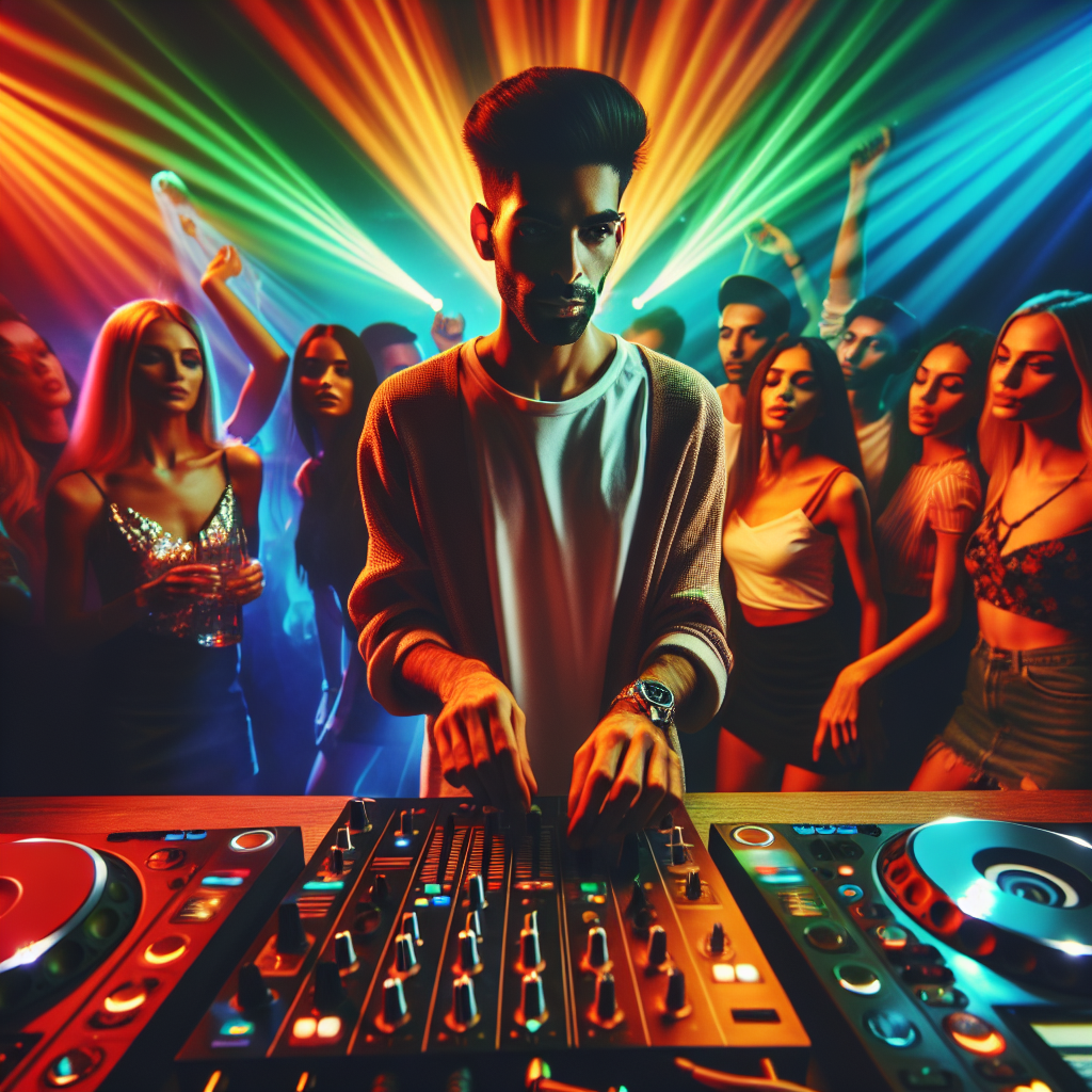 Un DJ urbano en una cabina de discoteca, con luces de colores vibrantes y una multitud moviéndose al ritmo de la músi…
