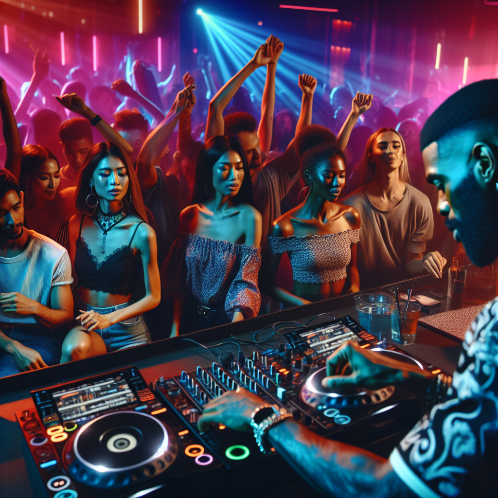 Un DJ urbano mezcla música en una vibrante cabina de discoteca llena de luces de neón, mientras el público baila enfe…