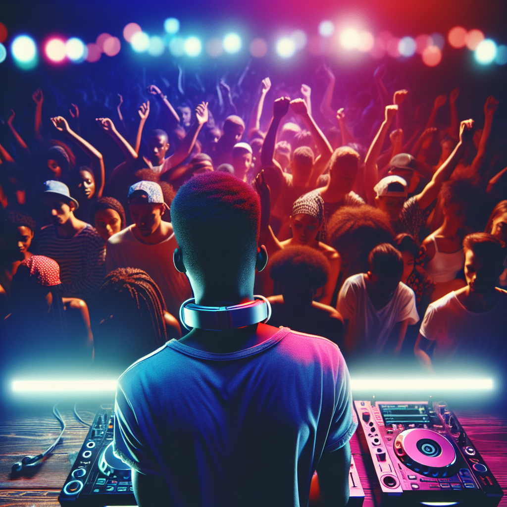 Una escena nocturna con un DJ urbano en una cabina de música, luces de neón y una multitud animada bailando al ritmo …