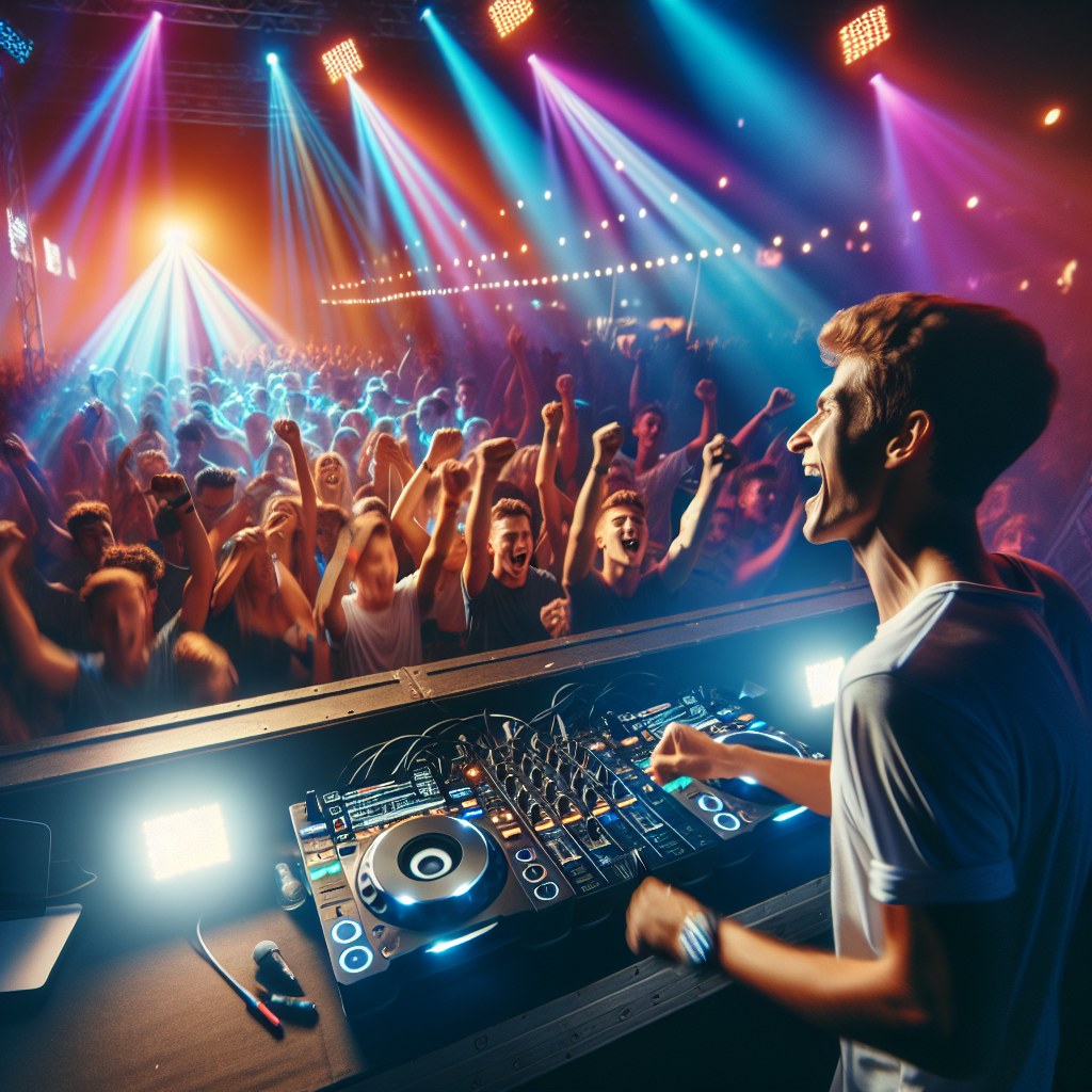Un DJ en un escenario de festival iluminado, enérgico y conectado con una multitud vibrante, sin rostros visibles.