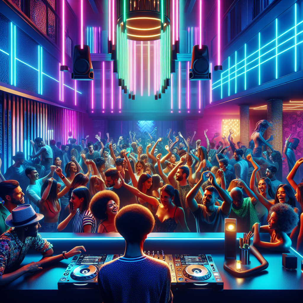 Una escena vibrante de una discoteca moderna en España, con luces de neón y un DJ en una cabina, la multitud bailando…