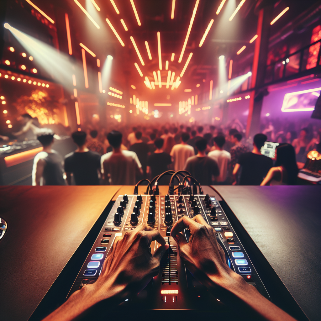Un DJ urbano en un club nocturno lleno, con luces de neón y una multitud vibrante disfrutando, enfocado en la consola…