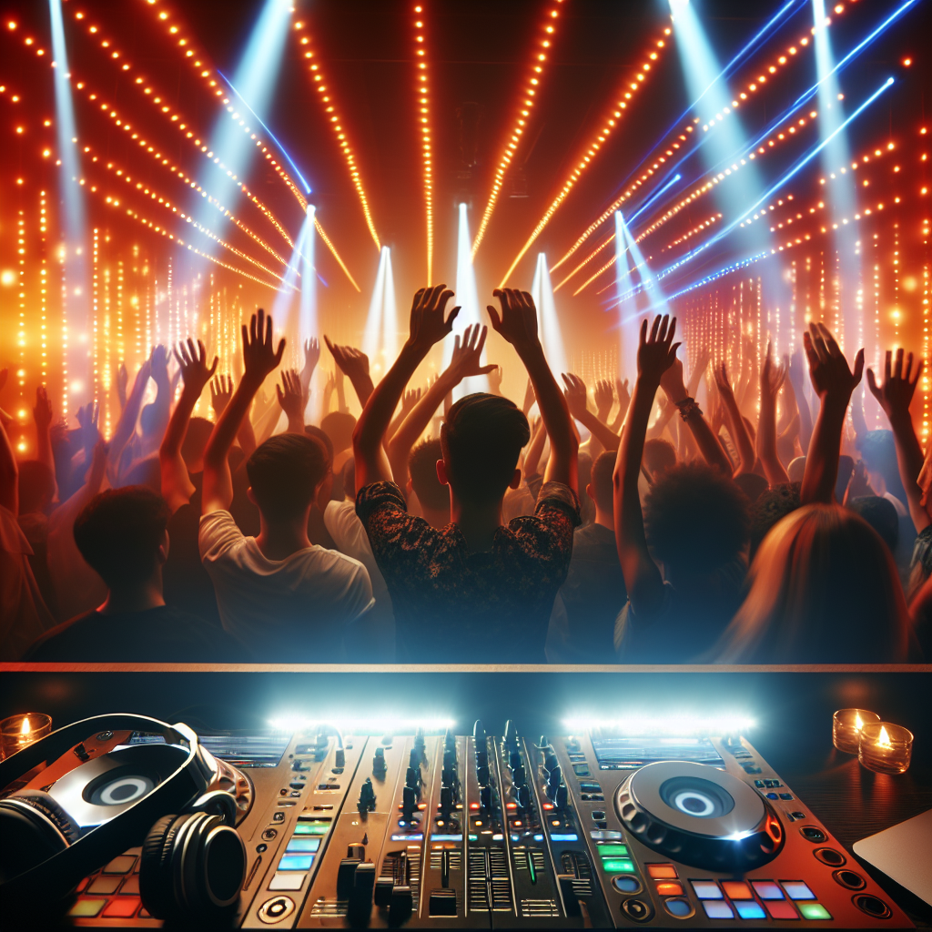Una escena de una discoteca iluminada con luces LED y una multitud bailando al ritmo urbano, mostrando manos en el ai…