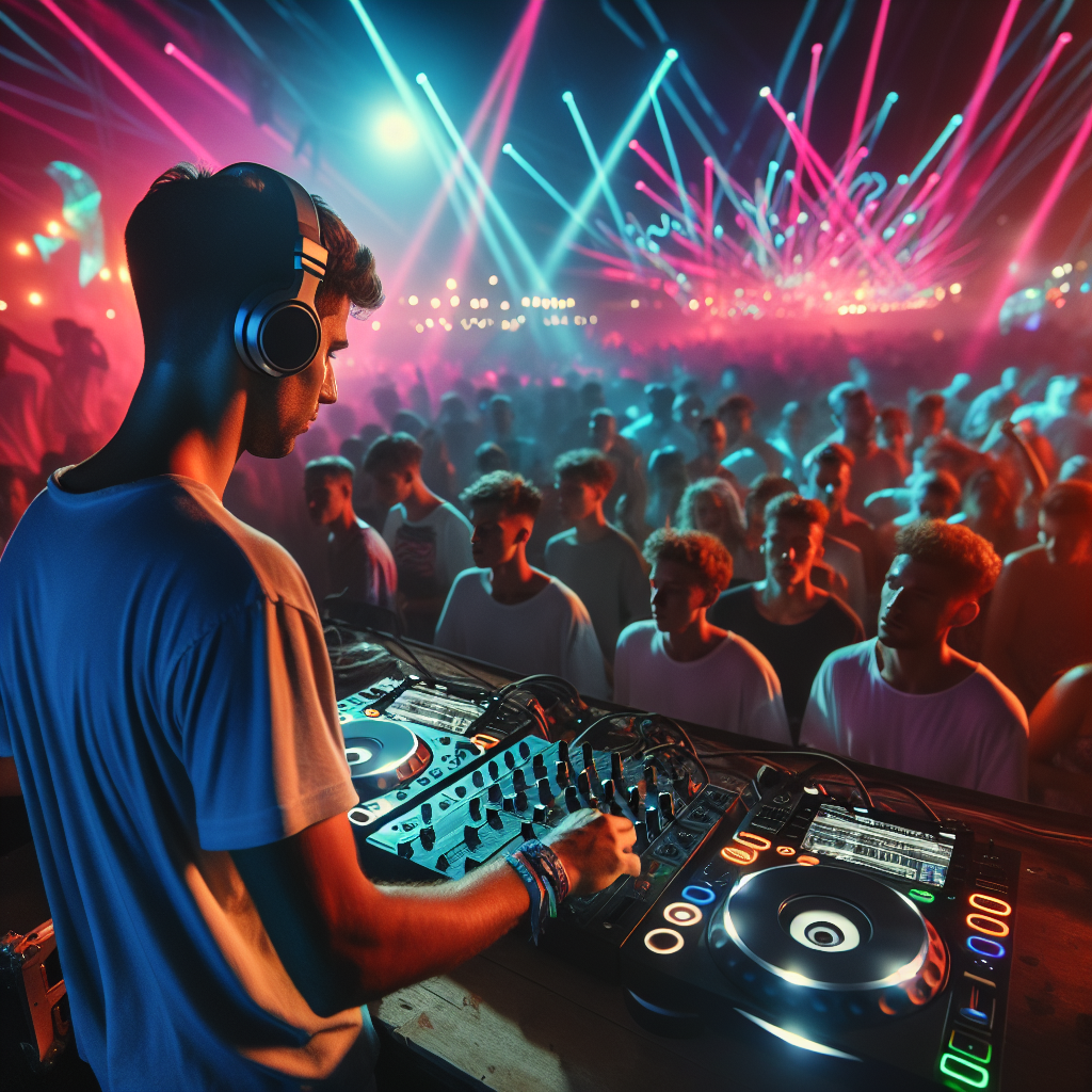 Un DJ en una cabina, mezclando música frente a una multitud vibrante en un festival nocturno, con luces de neón y una…