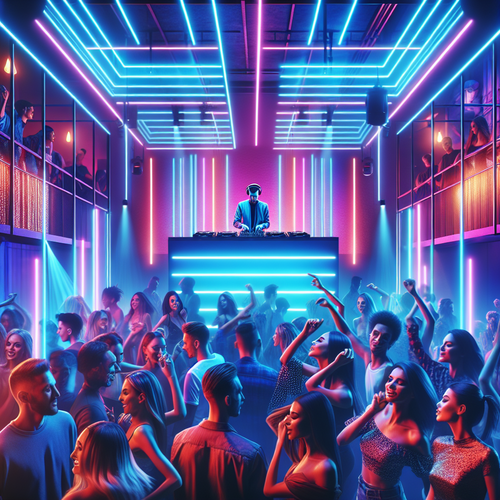 Un club moderno vibrante con luces de neón y una multitud bailando efusivamente mientras un DJ mezcla música detrás d…